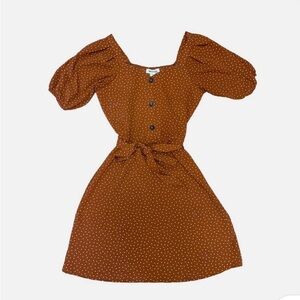 Cottage Core Orange Polka Dot Button-Front Dress with Puff Sleeves